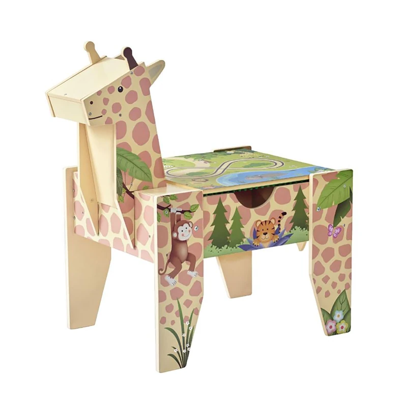 Teamson Kids Jungle Giraffe 2-in-1 Wooden Activity Table with Building Blocks Base, Road Play Surface, Built-In Storage, 23 Pieces + Car Included - Image 1