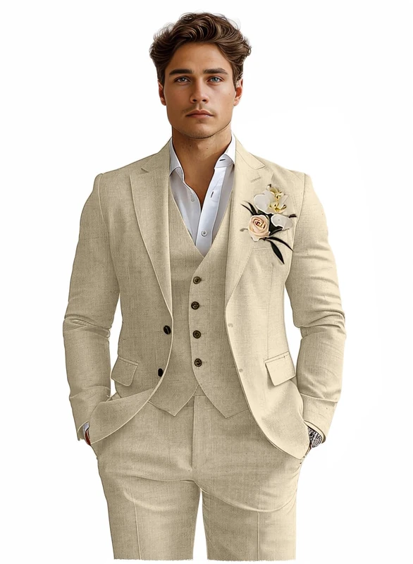Linen Mens Suits 3 Piece Slim Fit Tuxedo Suit for Men Beach Wedding Formal Business Suit Groom Prom Set Outfits, Champagne, M