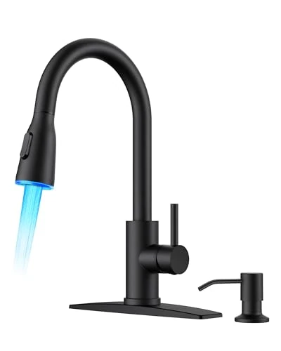 FORIOUS LED Kitchen Faucet with Soap Dispenser and Pull Down Sprayer, Matte Black High Arc Single Handle 3 Modes Stainless Steel Faucet for Kitchen Sink RV Wet Bar Laundry Camper