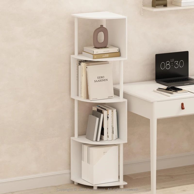 Furinno BASIC Book Shelf, 4-Tier Bookshelf, Bookcase with Zigzag Corner Shelf, 36.07 x 36.07 x 146.56 cm, for Living Room, Bedroom, Home Office, White/White