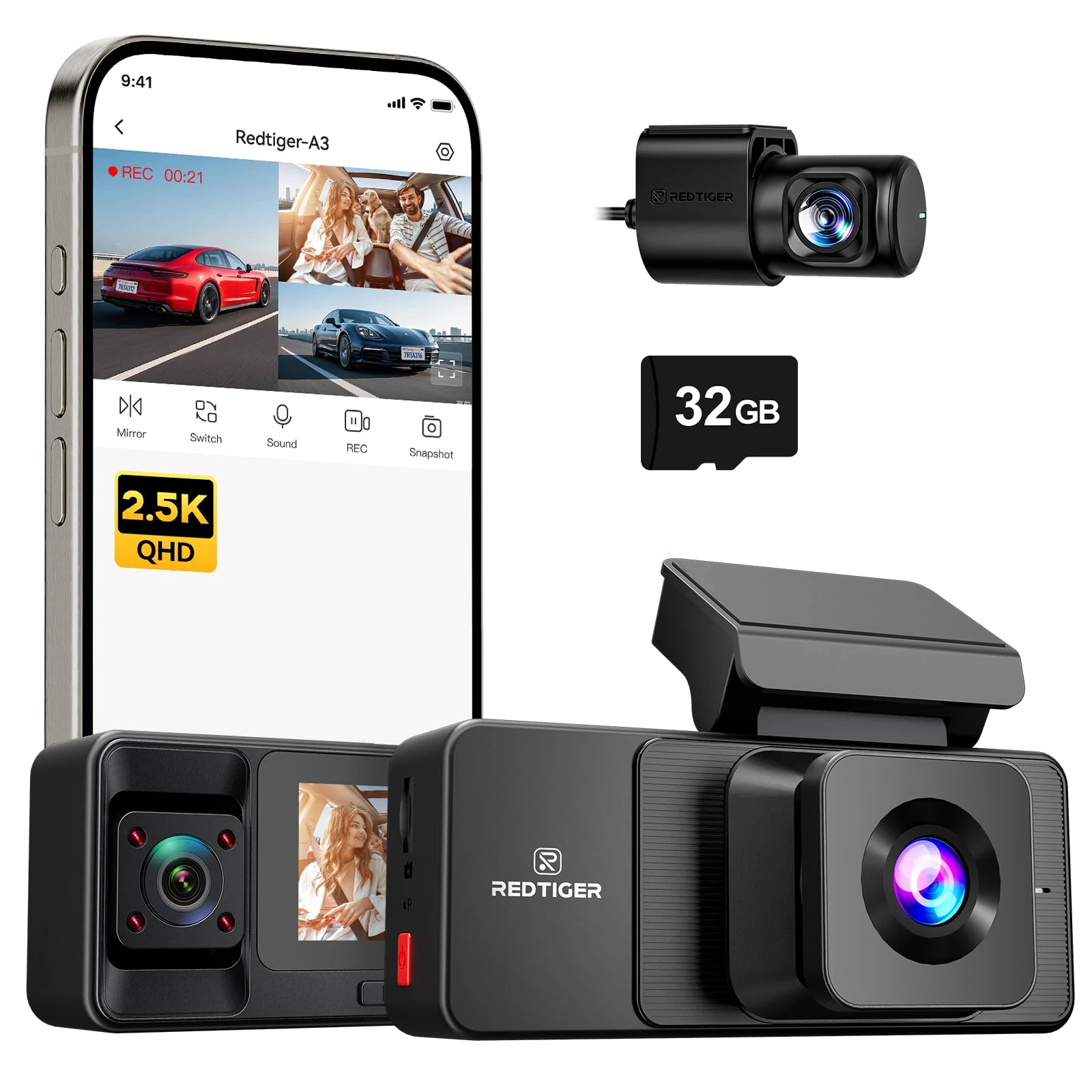 REDTIGER 2.5K 3 Channel Dash Cam with WiFi, 2.5K+1080P+1080P Dash Cam Front and Rear Inside, 3.18'' Screen, Included 32GB Card, IR Night Vision, Loop Recording, 24H Parking Mode, Support Max 256GB(A3)