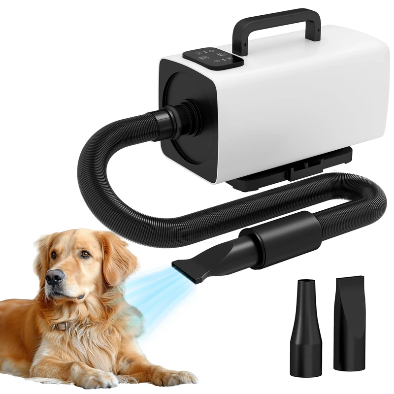 PawHut Dog Hair Dryer with One-Click Auto Adjustable Airflow and Temperature, 2200W Pet Grooming Hair Dryer with 3 Nozzles, Digital Screen, Pet Air Blower Blaster Dryer for Dogs Cats, White