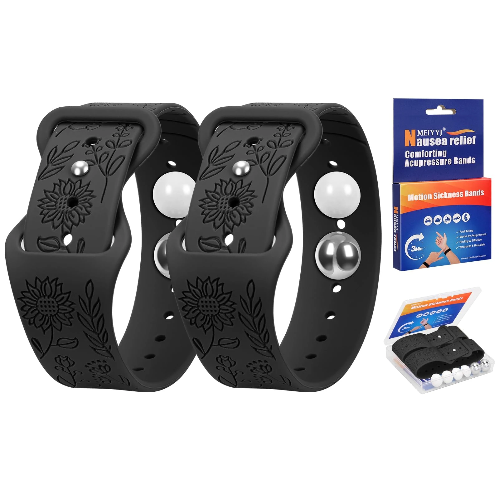 Travel Sickness Bands, Adjustable Acupressure Decoration Wristbands, Acupressure Nausea Relief Band for Morning Motion Sickness, Bands for Car Sea Fly Sickness-Black