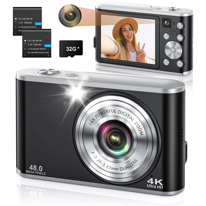 Digital Camera, 4K 48MP Autofocus Vlogging Camera Selfie Cameras with Anti-shake 16X Digital Zoom Flash 32G Memory Card, Compact Digital Cameras for Beginners Kids