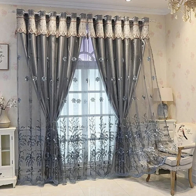 Amidoudou 1 Pair European Double Layer Curtains for Living Room Bedroom Luxury Flower Embroidered Curtains with Valance (Grey,52x90 Inch)