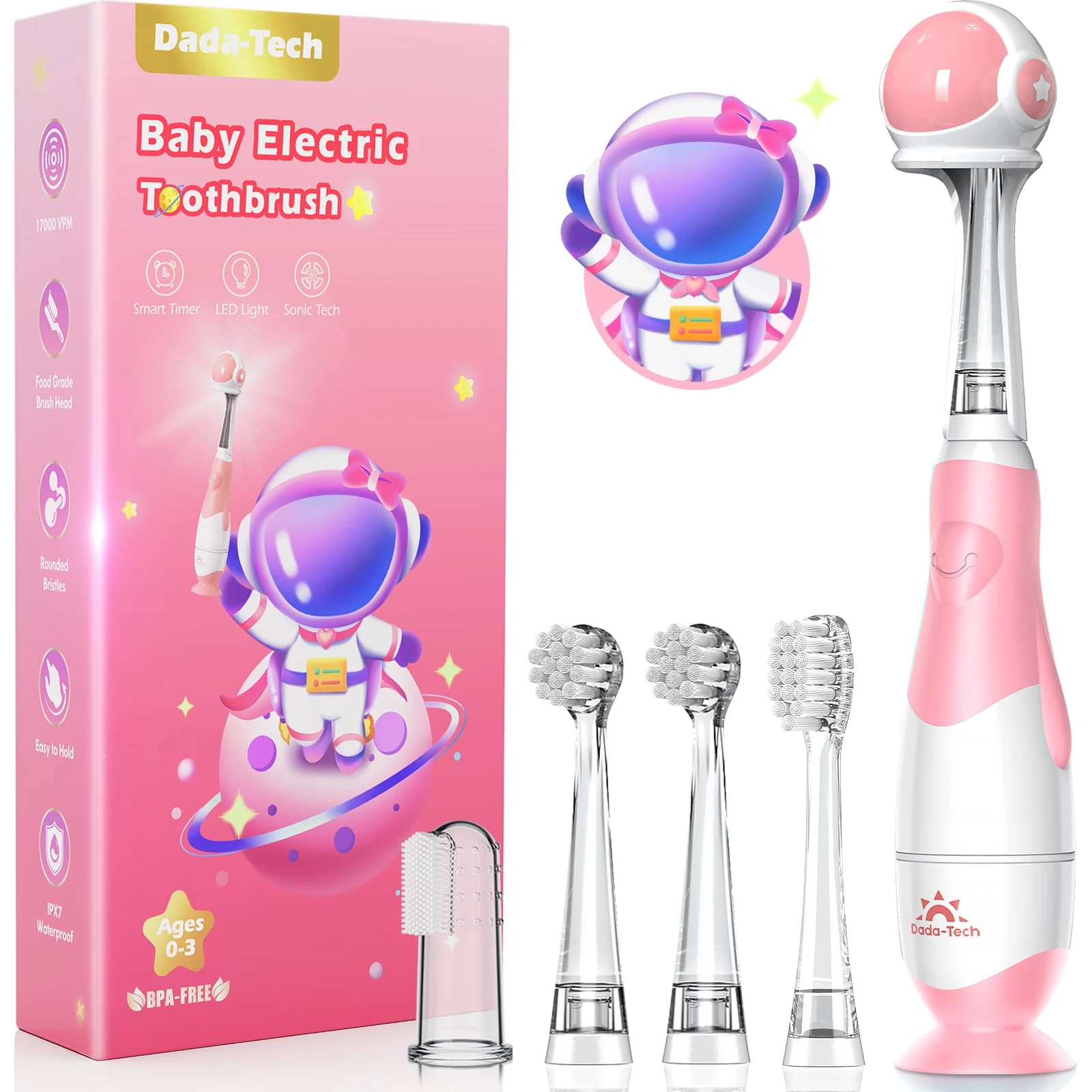 Baby Toothbrush Electric Toddler & Kids Electric Toothbrush 0-2-3 Years Old with Infant Finger Tooth Brush, Cute Cover, LED Light, 2 Minutes Timer, 4 Brush Heads, Suction Cup (Pink Astronaut)