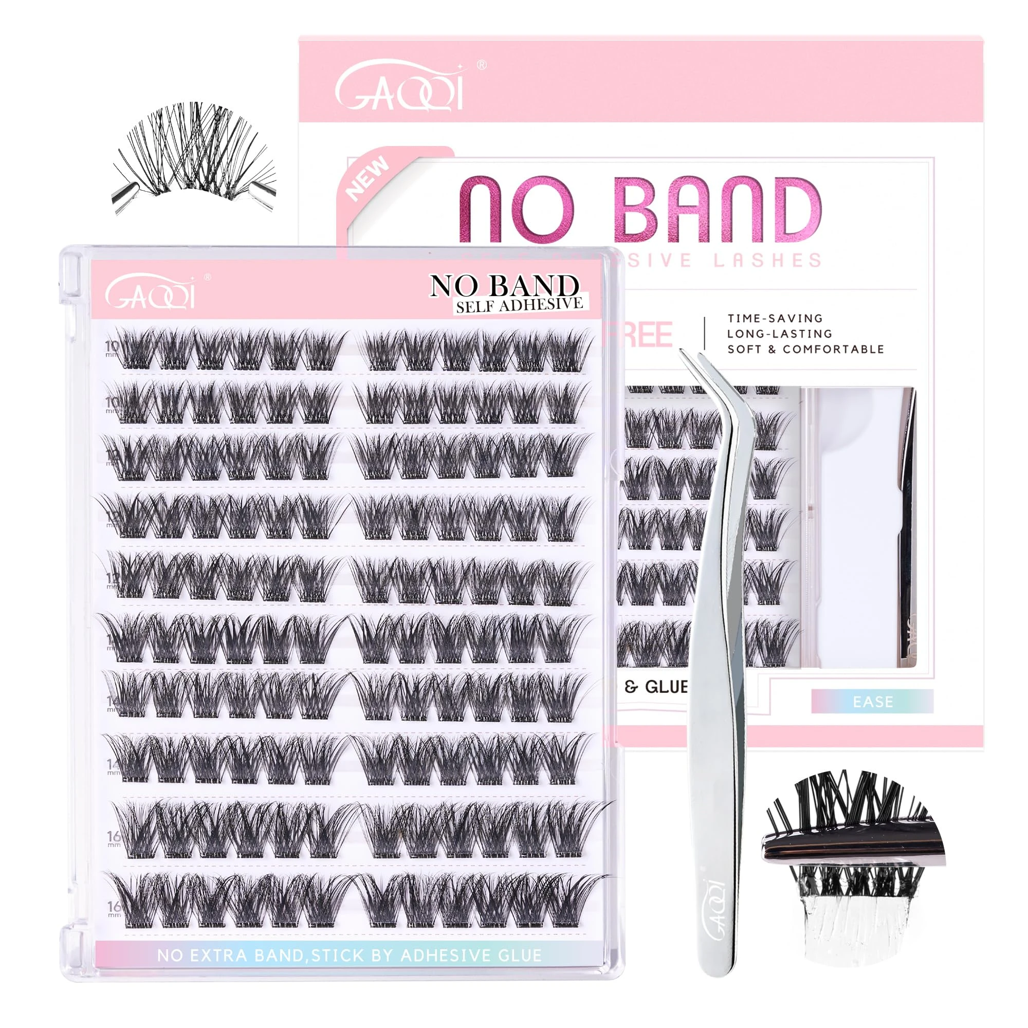 GAQQI Self Adhesive Eyelash Clusters, Volume No Glue Lashes 10-16mm, No Band Self Adhesive Lash Clusters 120pcs, Press On Lashes Invisible Band, With Lash Tweezer (CLASSIC)