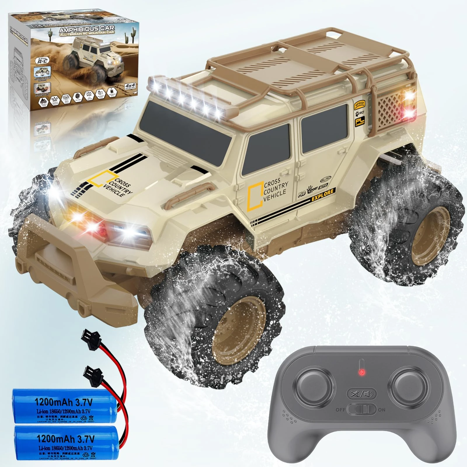UFULMN Amphibious Remote Control Car 1:14 with 2 Rechargeable Batteries, 4WD Electric Vehicle for Boys Age 8-12, Offroad Waterproof RC Truck All Terrain RC Drift Cars Beach Pool Toys Gifts for Kids