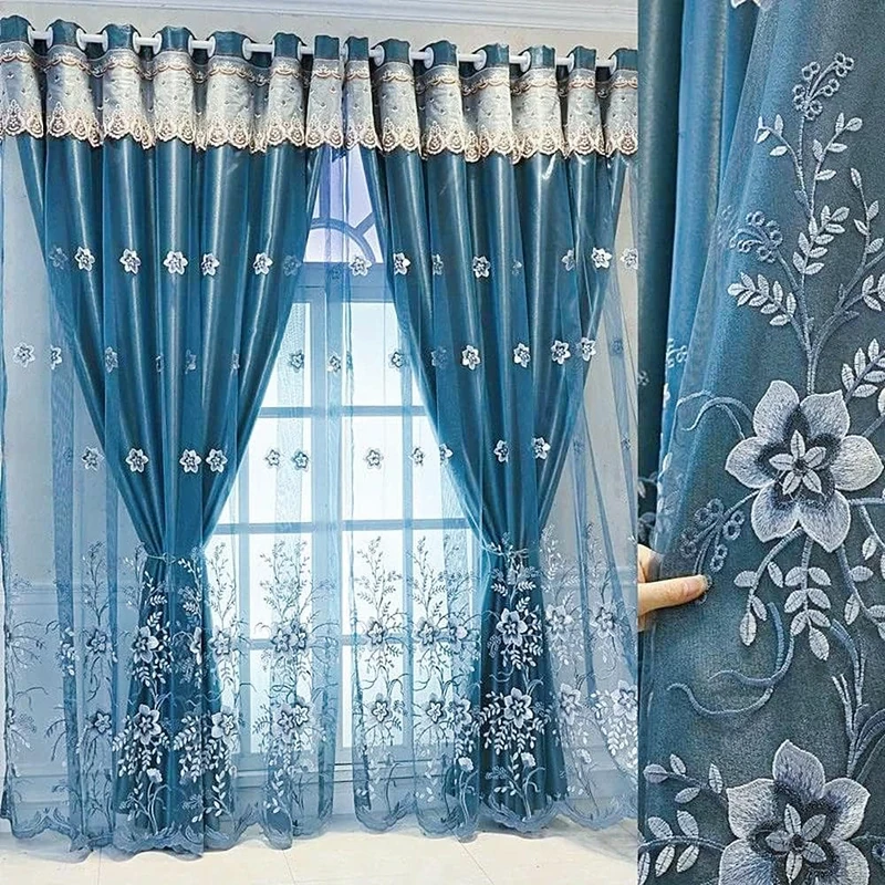 Amidoudou 1 Pair European Double Layer Curtains for Living Room Bedroom Luxury Flower Embroidered Curtains with Valance (Blue,52x102 Inch)