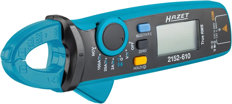 Hazet 2152-610 Compact Digital Current Clamp Clamp for Voltage, Current and Resistance with Illuminated LCD Display, NCV Function and Accessories