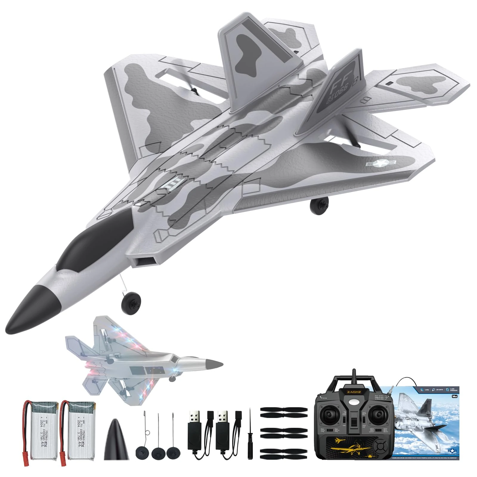 CKYSCHN F22 Remote Control Airplane - 4 Channel Fighter RC Plane for Beginners Adult with Lights, 2.4GHz 6-axis Gyro Stabilizer RTF RC Aircraft with 2 Batteries