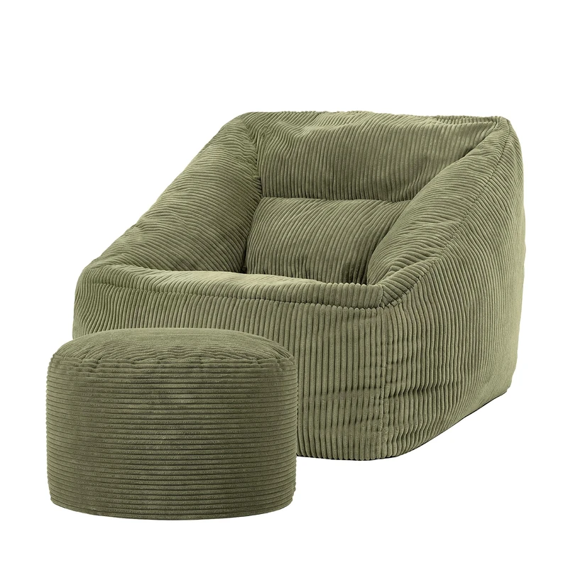 icon Natalia Cord Bean Bag Chair with Pouffe, Sage Green, Large Adult Bean Bag with Filling Included, Comfy Chair, Armchair, Living Room, Living Room Furniture, Bedroom Furniture
