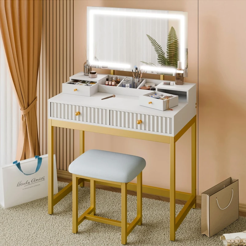 Mondeer Dressing Table with Mirror and Stool, Vanity Makeup Table with Drawers Jewellery Storage Boxes Open Storage Shelves Adjustable Brightness LED Lights, for Bedroom, 80 x 45 x 136cm, White-Gold