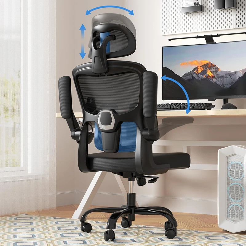 KU Syang Ergonomic Office Chair with Enhanced Lumbar Support - Mesh Swivel Desk Chair Featuring Adjustable Headrest and Armrests, and Quiet Wheels for Home Office or Study Use - Black