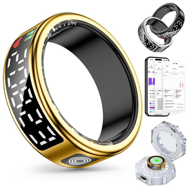Gwenland Smart Rings for Women Men, Fitness Tracker Health Ring with LED Display Screen, Sleep Tracker Rings Compatible with iOS/Android Activity Tracker/Heart Rate/SpO2/Sleep/Step