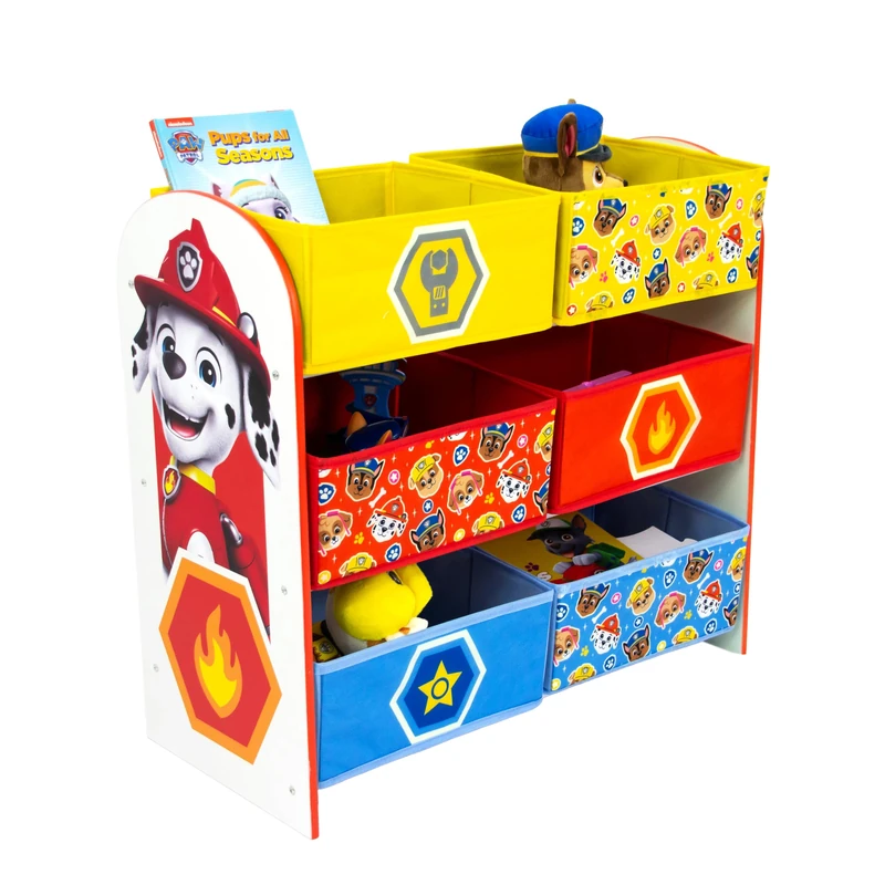 Character World Official Paw Patrol Children's Storage Unit - Wooden Shelves with 6 Fabric Containers, Toys Book Storage Organiser for Kids Playroom, Bedroom