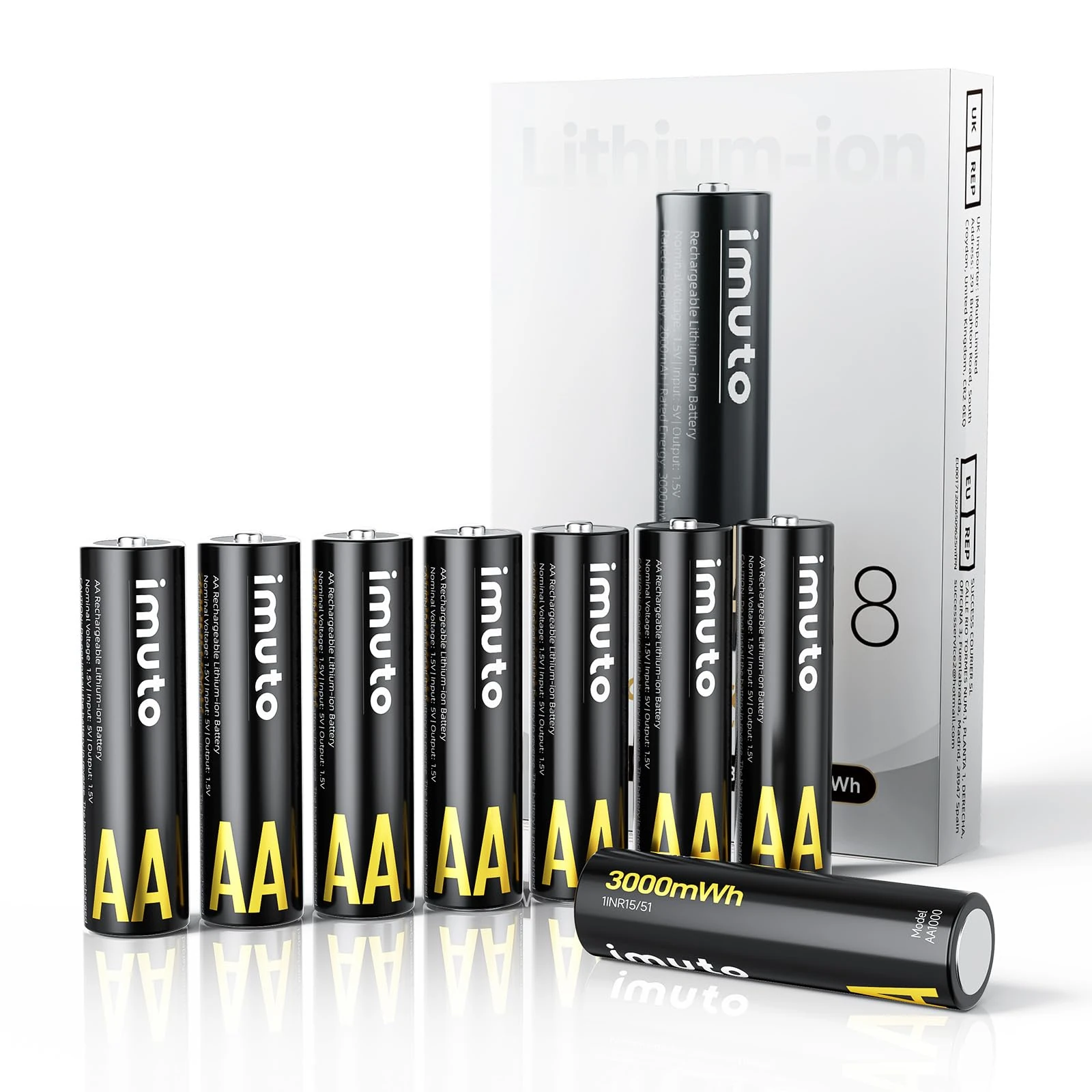imuto 3000-IMU8AA AA Batteries Rechargeable Lithium 1.5 V Pack of 8