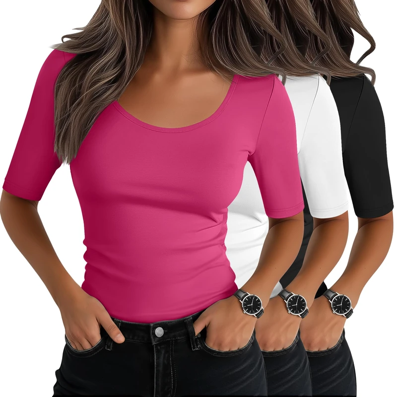 Neer 3 Pack Women's Scoop Neck Tops Half Sleeve Slim Fitted Cotton Blend Stretchy T-Shirts Tight Casual Basic Tees(Medium,Black, White, Rose Red)
