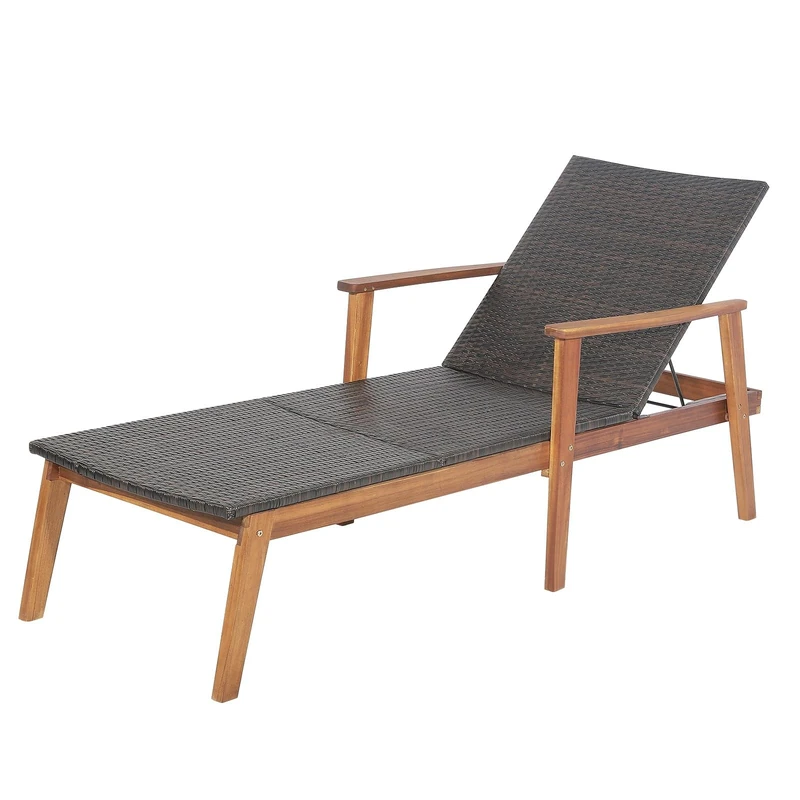 RELAX4LIFE Garden Sun Lounger, 4-Level Adjustable Patio Chaise Lounge Chair with Solid Acacia Wood Frame, Outdoor PE Rattan Recliner Sunbathing Deck Sunbed for Backyard, Poolside, Beach and Balcony - Image 1