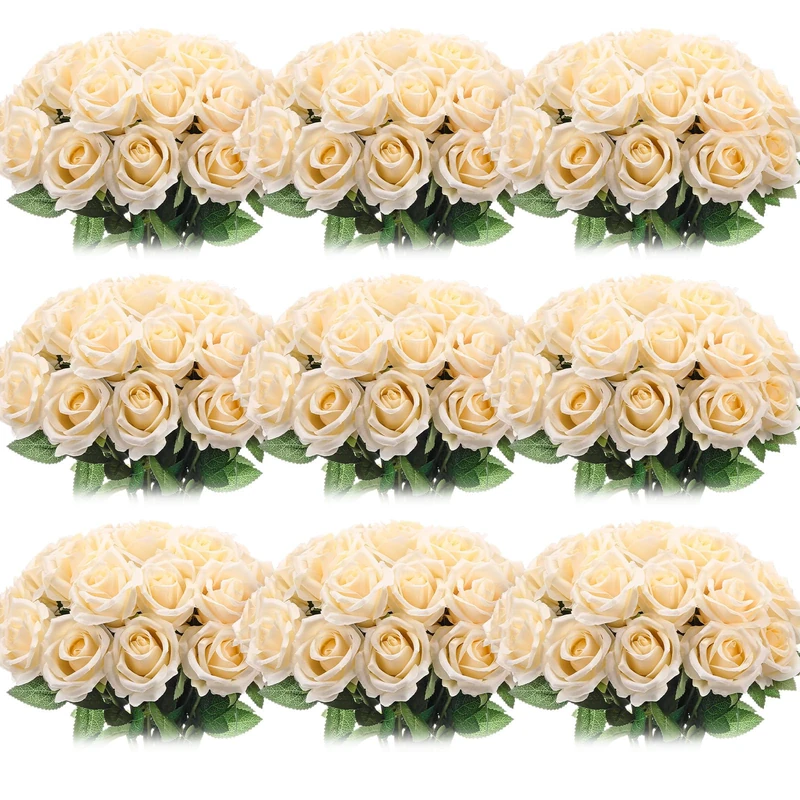 Jexine 100 Pieces Artificial Roses Flowers Bulk, Long Stem Realistic Fake Silk Roses Bouquet for Table Centerpiece Vases Wedding Party Kitchen Decor (Champagne)