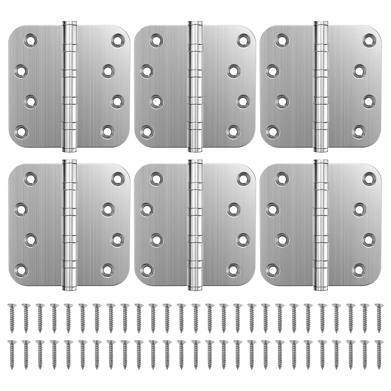KOLET Ball Bearing Door Hinges, 4 x 4 Inches Door Hinges, Heavy Duty Stainless Steel Hinges, 5/8'' Radius Corner, Smooth and Quiet, Non Removable Pin, Brushed Nickel, 6 Pack, 6P-BBDH-S4