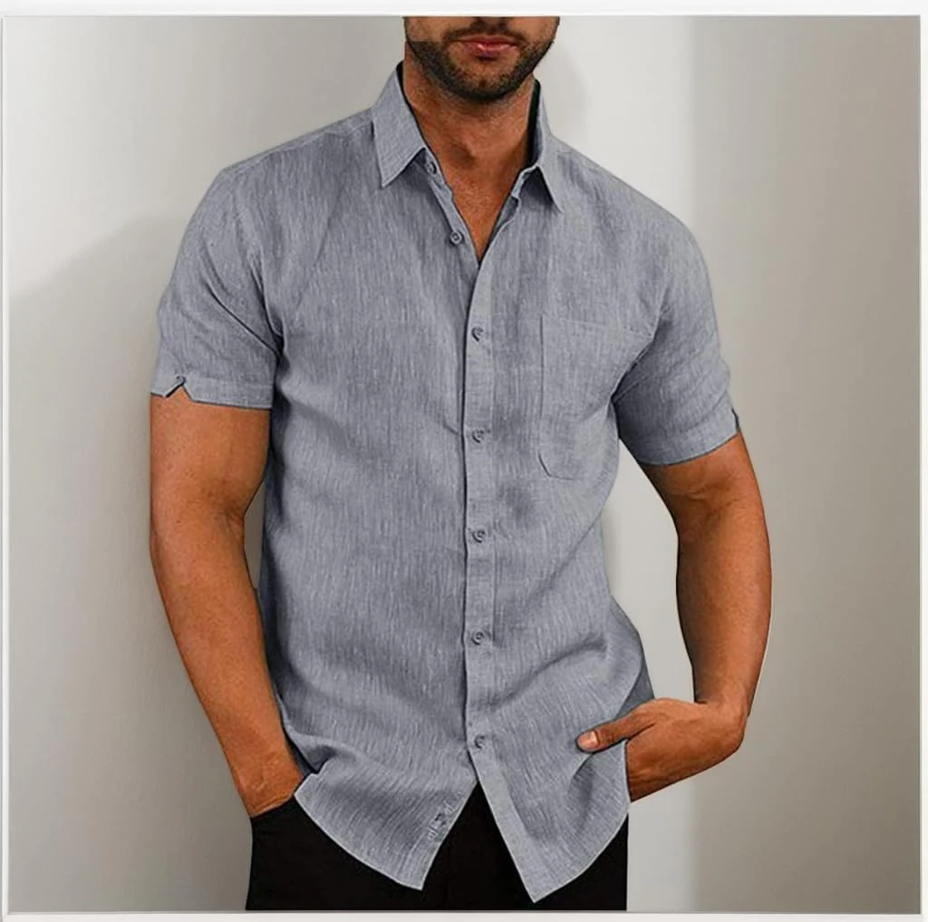Men's Linen Shirts Short Sleeve Button Down Casual Beach Shirt Fashion Summer Clothes, Dark Grey, Large