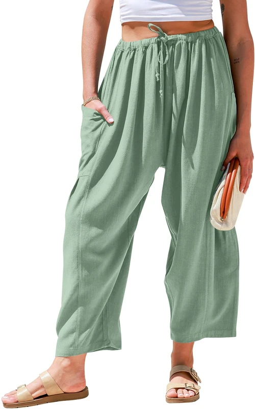 TARSE Womens Linen Wide Leg Pants Casual Loose Drawstring Summer Beach Travel Vacation Palazzo Harem Pants with Pockets, Light Army Green, Large - Image 1