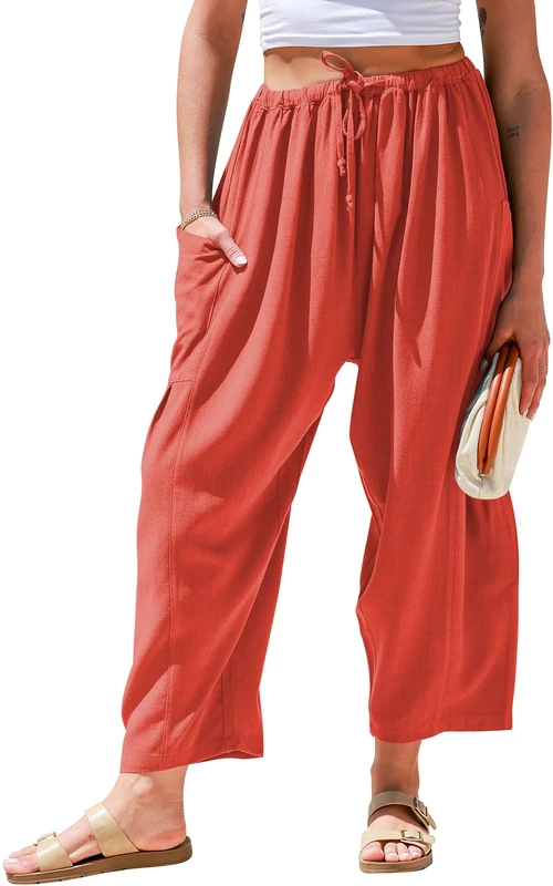 TARSE Womens Linen Wide Leg Pants Casual Loose Drawstring Summer Beach Travel Vacation Palazzo Harem Pants with Pockets, Orange Red, Large