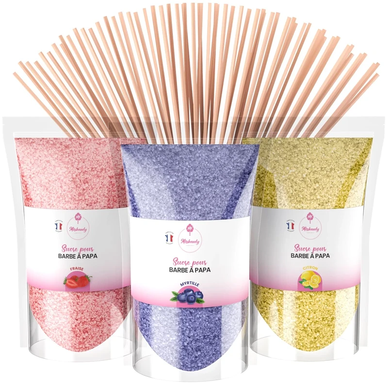 Misskandy® candyfloss sugar for machines - Set of (3x 160g) - (Natural Flavours): Flavours: Strawberry/Blueberry/Lemon/Candyfloss powder + 50 sticks (free)