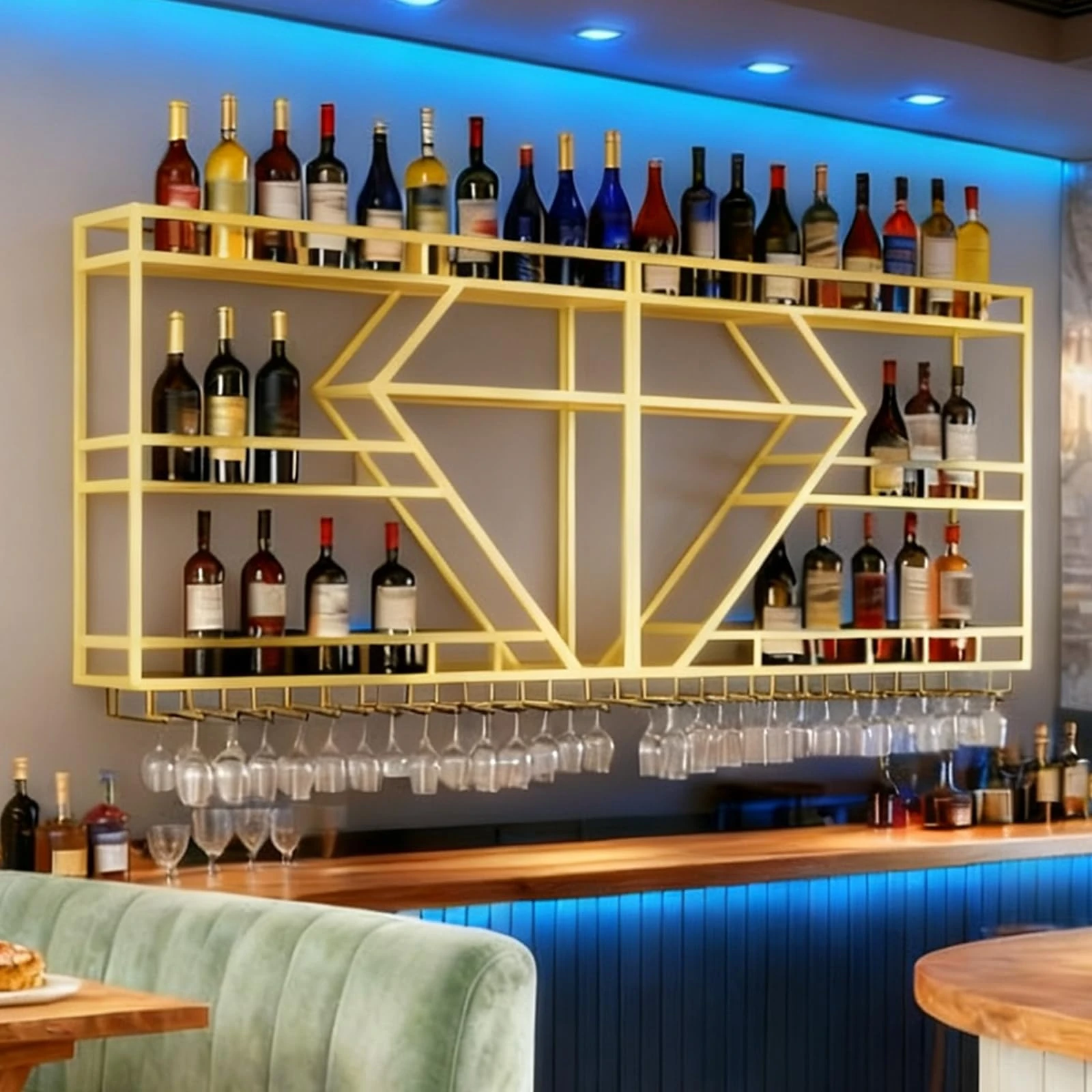 SPTZQURY Wall Mounted Wine Rack, Modern Diamond Shaped Floating Bar Wine Storage Display Shelf, 3 Tier Metal Industrial Liquor Bottles Shelves Wine Glass Holder (Gold, 200 * 20 * 85cm)