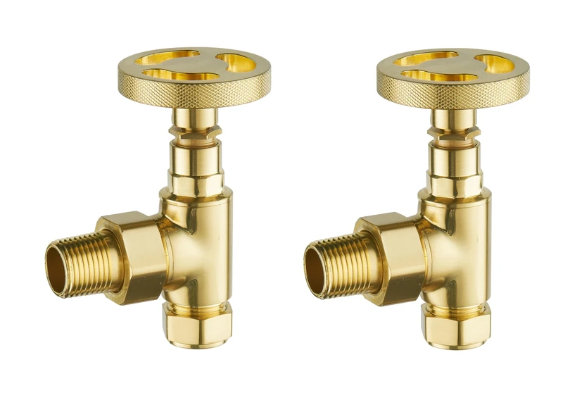 Keenware Milano Angled Industrial Style Radiator Valves: Brushed Brass