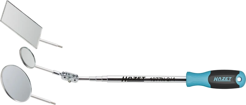 HAZET Telescopic Mirror Set 1977N-2/4, 4 Pieces, 300-740 mm, with Round and Rectangular Mirror, Real Glass Mirror, Stainless Steel Threaded Rod