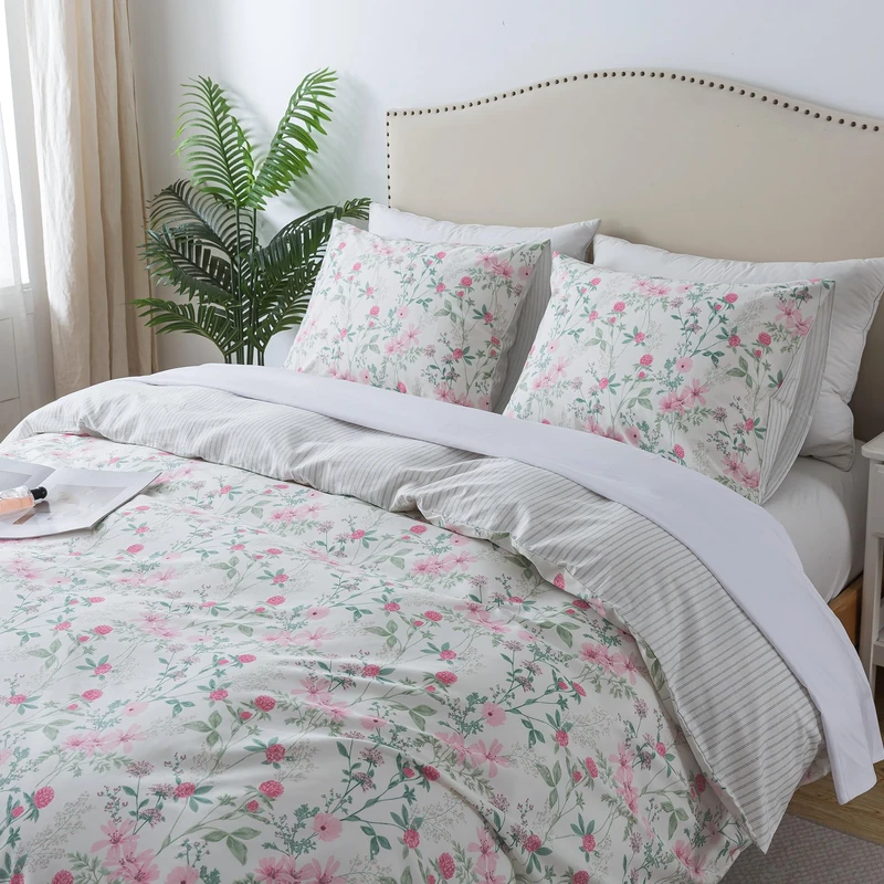 HoneiLife Duvet Dover Queen Size - 100% Cotton Comforter Cover, Breathable Bedlinen for Set for Queen Beds, 3-PC Wildflower Comforter Cover Sets, Fuchsia