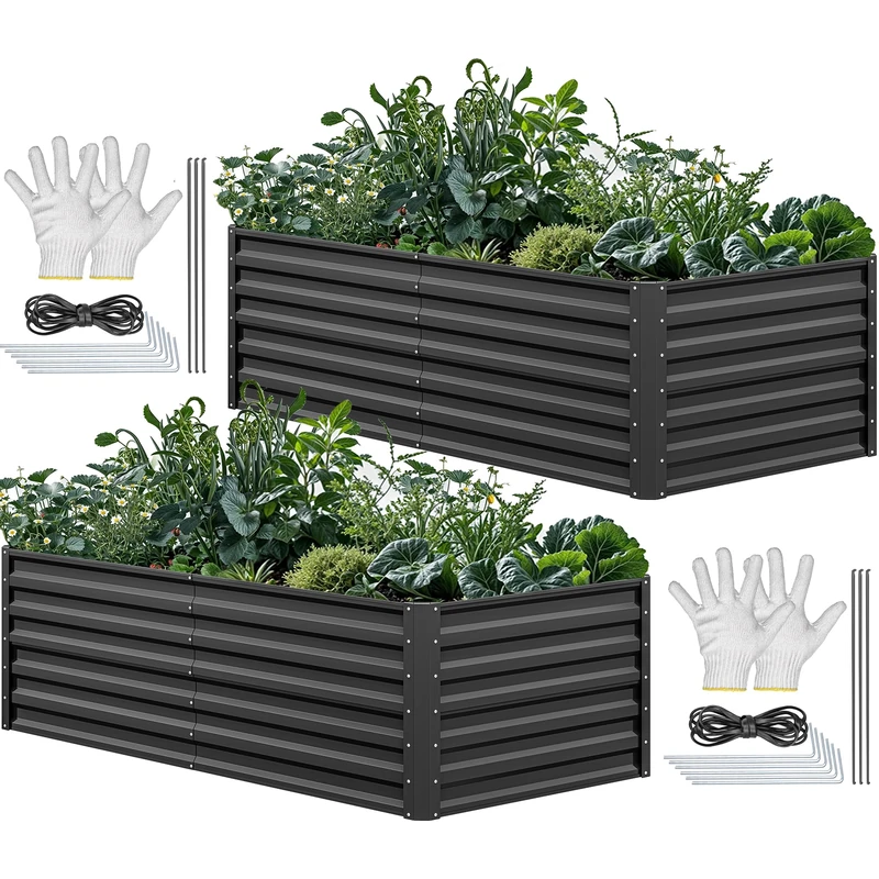 YITAHOME 2Pcs Outdoor Raised Garden Bed Kit 180x90x60cm, Raised Beds Thickened Zinc-Aluminum-Magnesium Metal Raised Beds for Garden with Support Rod & Gloves for Vegetables Flowers Fruits (Black)