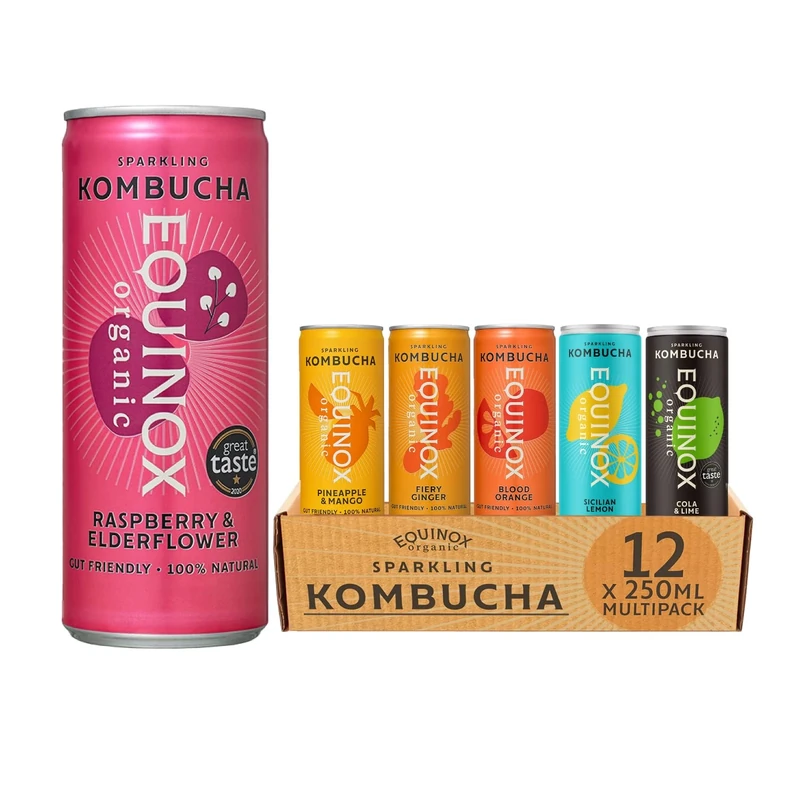 Equinox Kombucha 6 Flavour Mixed (12 x 250ml) | Brewed in UK with SCOBY, Green Tea & Raw Cane Sugar | Sparkling Live Cultured Probiotic Drink for Gut Health | No Sweeteners & 100% Natural
