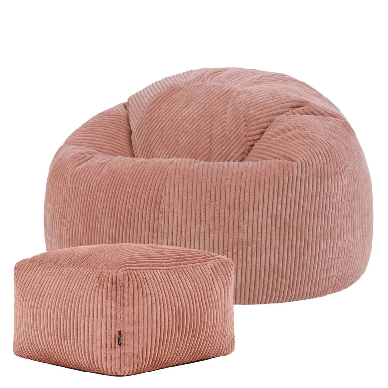 icon Kingston Cord Bean Bag with Footstool, Dawn Pink, Large Adult Bean Bag Chair with Filling Included, Comfy Chair, Pouffe Footstool, Living Room Furniture, Bedroom Furniture
