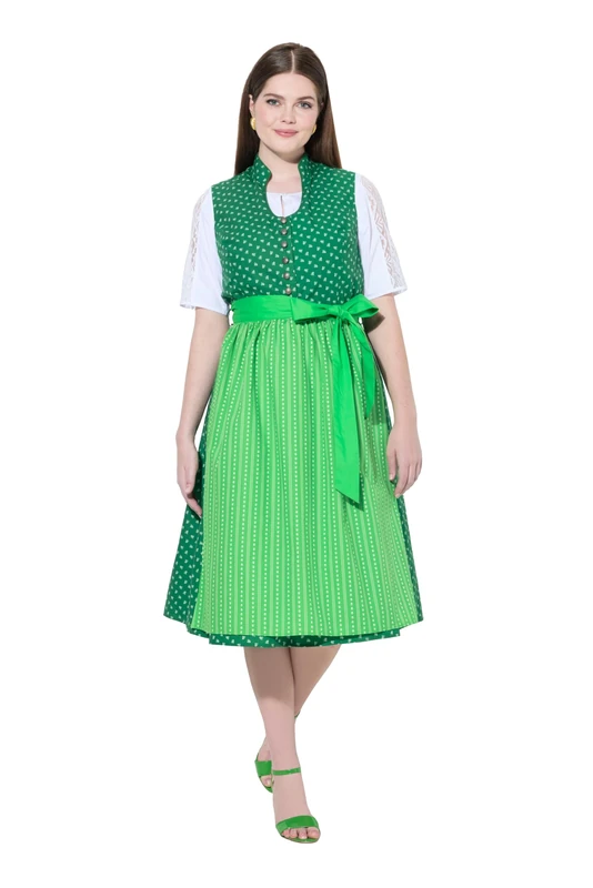 Ulla Popken Womenswear Plus Size Curvy Minimal Print Goblet Collar Dirndl Grass Green 20 840154426-46