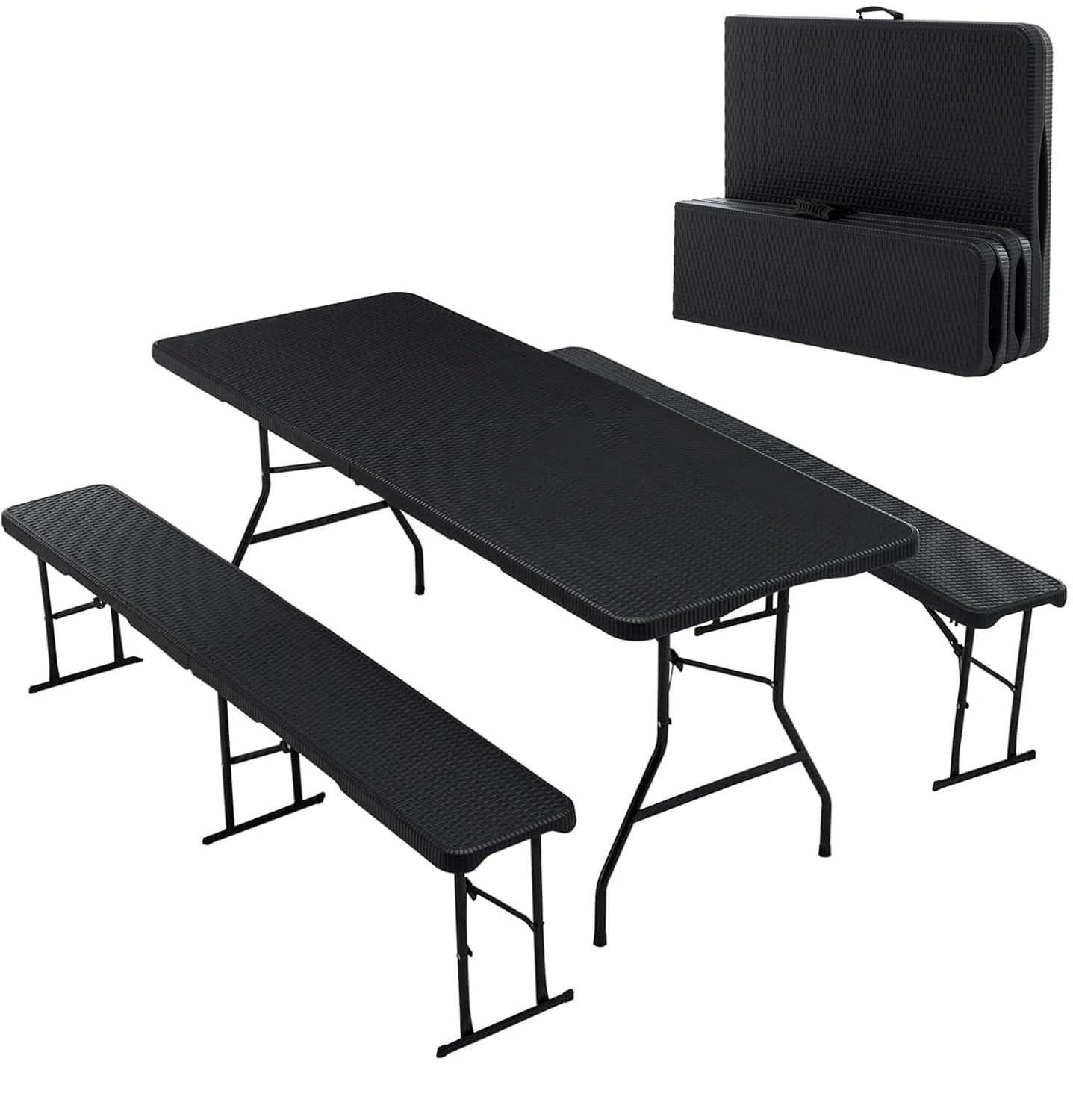 BIRCHTREE Folding Foldable Table Bench Set 6FT 1.8M Heavy Duty HDPE Steel Legs Portable Outdoor Camping Garden Picnic BBQ Party Black