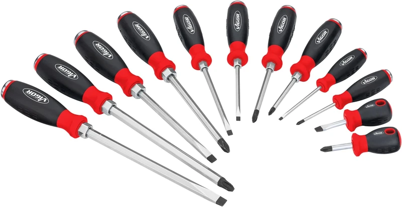 VIGOR Screwdriver Set V5010/12, 12 Pieces, with Impact Cap and Drive Square, Phillips PH and Slotted Profile, Hexagonal Blade