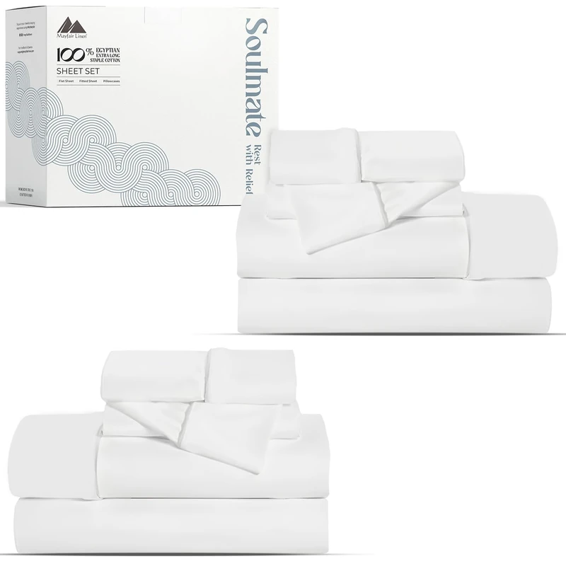 Mayfair Linen 100% Egyptian Cotton 2 Pack Twin Sheet Set - 500 Thread Count Cotton Sheets Twin Size (6 PC, White), Extra Soft, Cooling, Sateen Weave, 16" Deep Pocket College Dorm Room Bed Sheet