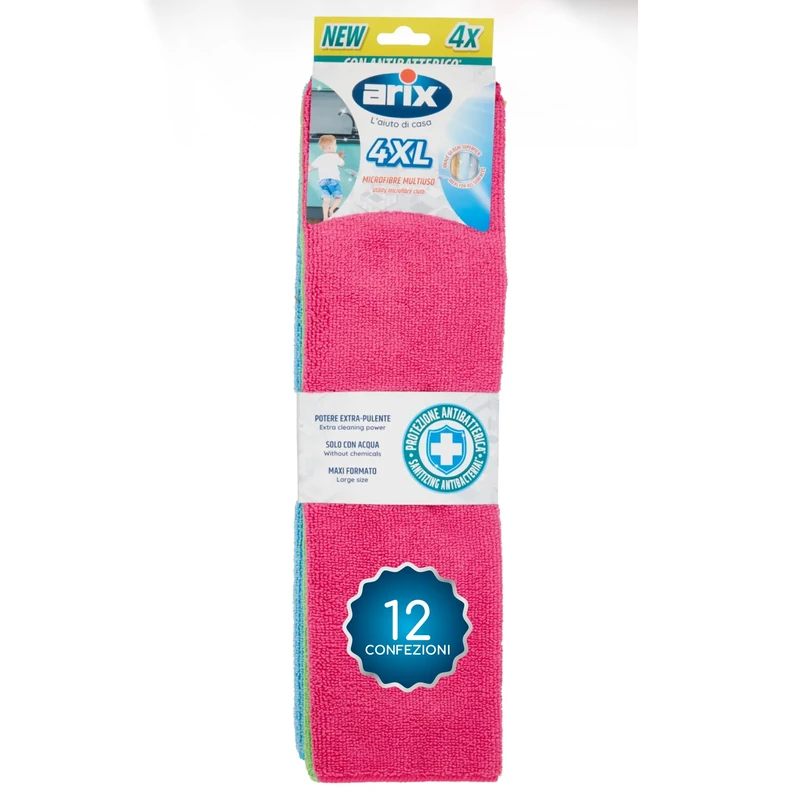 Arix | 48 XXL Coloured Microfribre with Antibacterial Treatment, 38 x 36 cm, Multi-purpose Microfibre Cloth, Extra Cleaning Power, Suitable for All Surfaces – 12 Packs