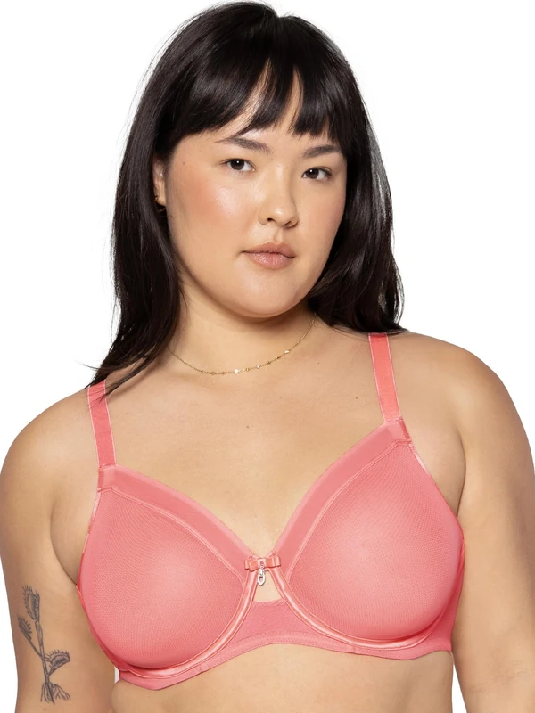 Curvy Couture Women's Sheer Mesh Full-Coverage Unlined Underwire-Bra, Sunset Glow, 38DD