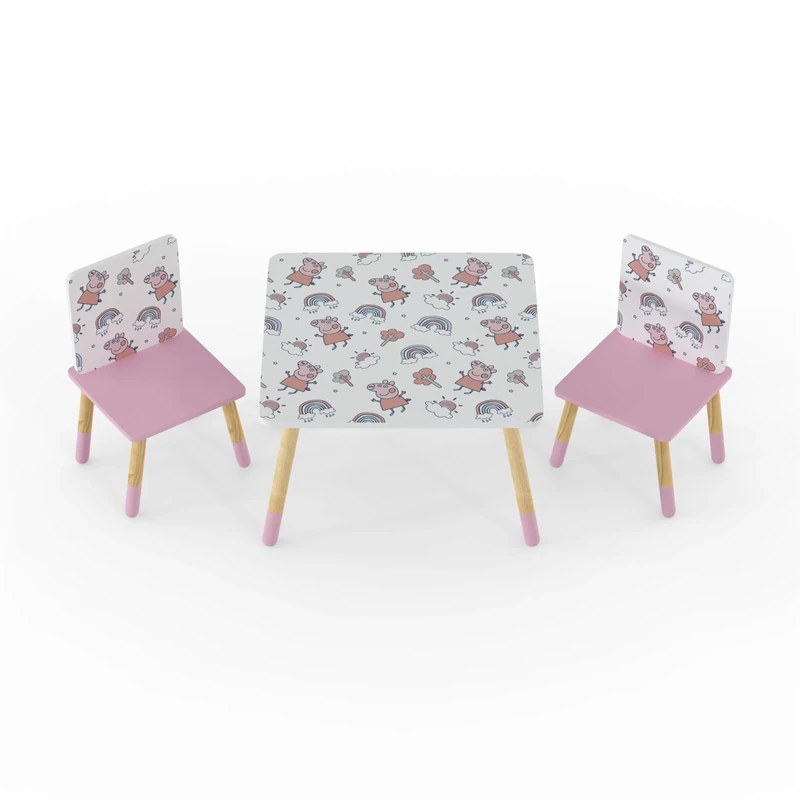 Peppa Pig Children's Table and 2 Chairs Set, Pink and White with Pattern, Wooden Legs