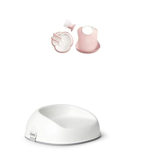 Bundle of BabyBjörn Baby Dinner Set, 5 pcs, Powder Pink + Booster Seat, White