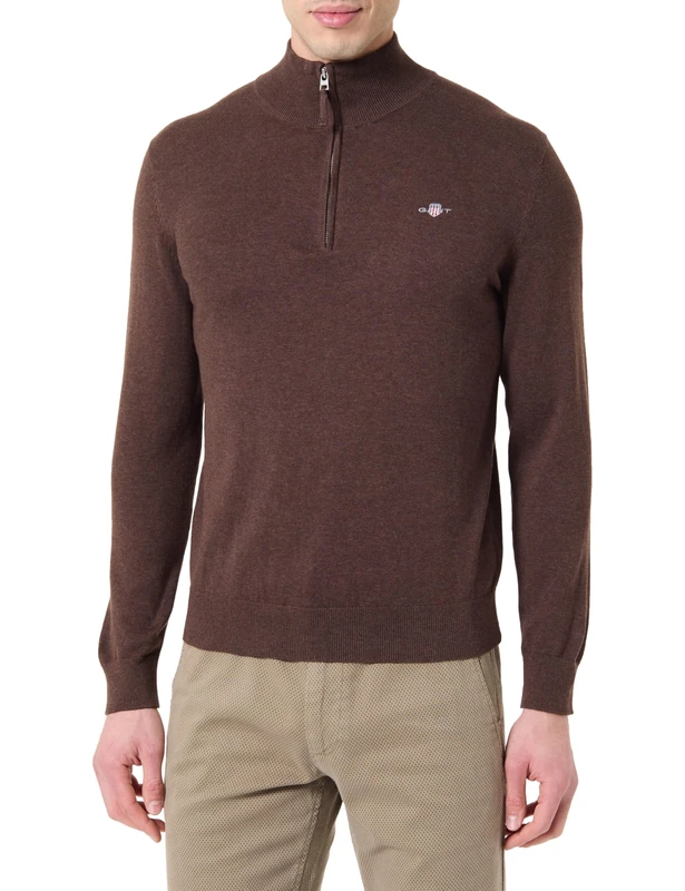 GANT Men's Classic Cotton Half Zip Pullover Sweater, Brown Blend, L