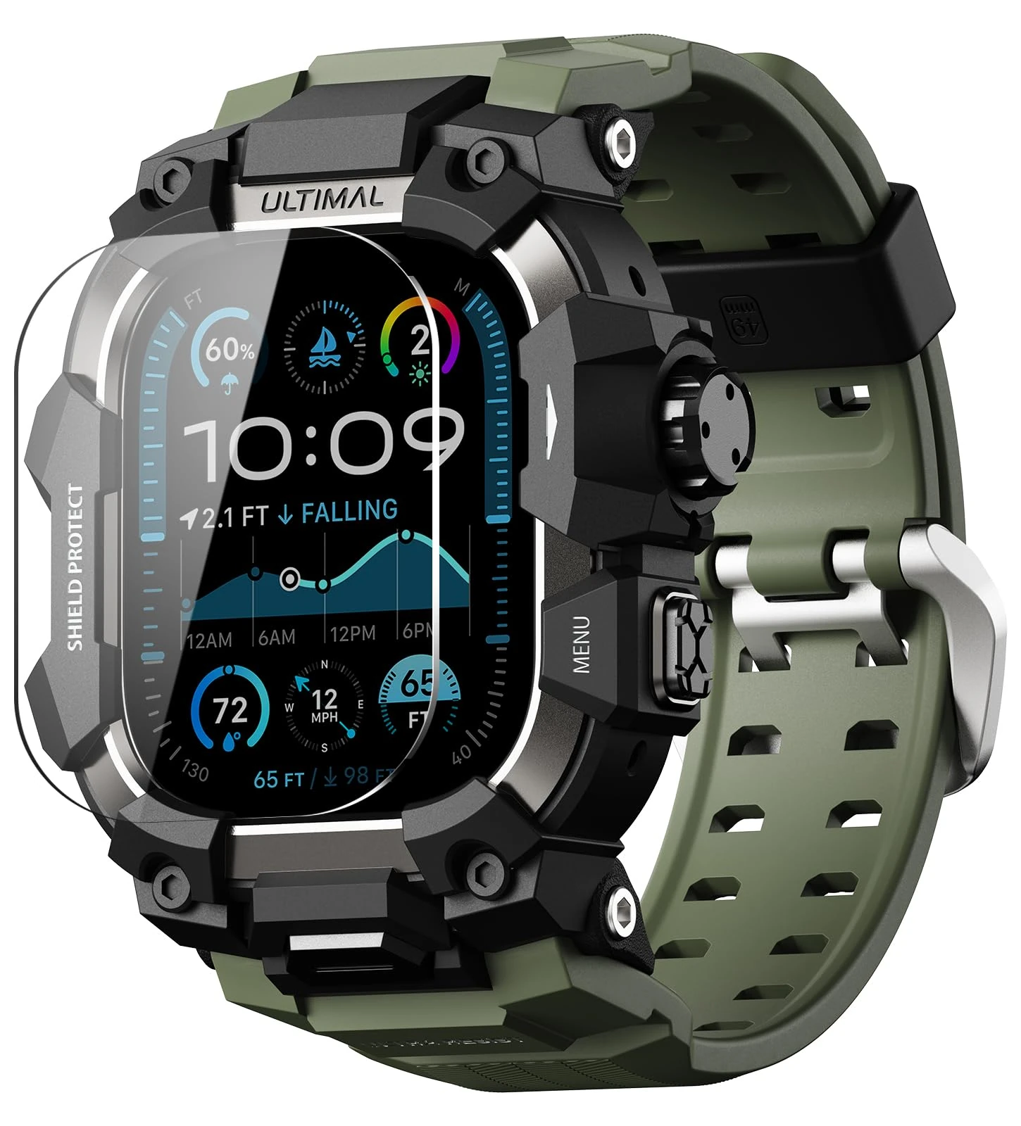 ULTIMAL Rugged Case with Band for Apple Watch Ulltra 3/ Ultra 2/ Ultra, Compatible with Apple Watch Straps 49mm, Enhanced Military Grade Shockproof Bumper Cover for iWatch Strap Men (49mm, Green)