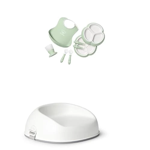 BabyBjörn Dinnerware Set, 8 pcs, Powder Green + Booster Seat, White