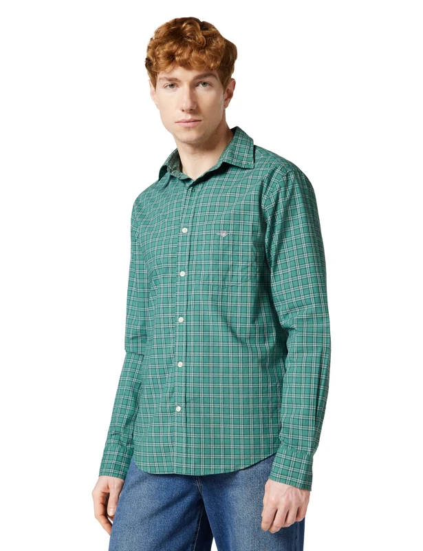 GANT Men's Reg Poplin Check Shirt, Woody Green, M