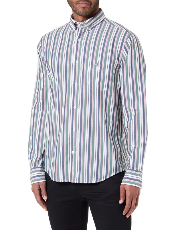 GANT Men's Reg Poplin Stripe Shirt, Woody Green, M