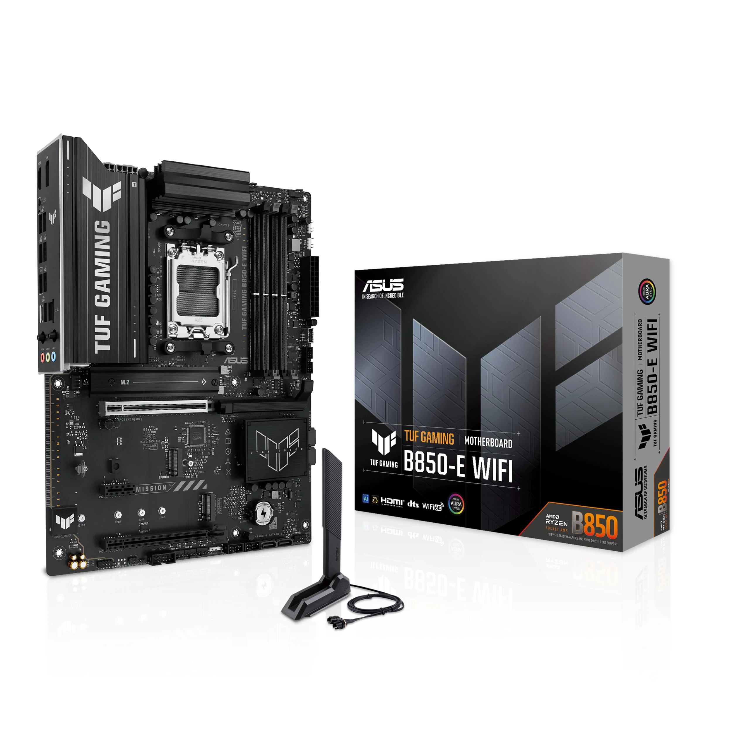 ASUS TUF Gaming B850-E WiFi, AMD ATX Motherboard, 8+2+1 Power Stages, DDR5 Slot, PCIe 5.0 Ready, 3 M.2 Slots, WiFi 6E, Ethernet Realtek 2.5Gb, USB-C 20Gbps, BIOS Flashback and Aura Sync